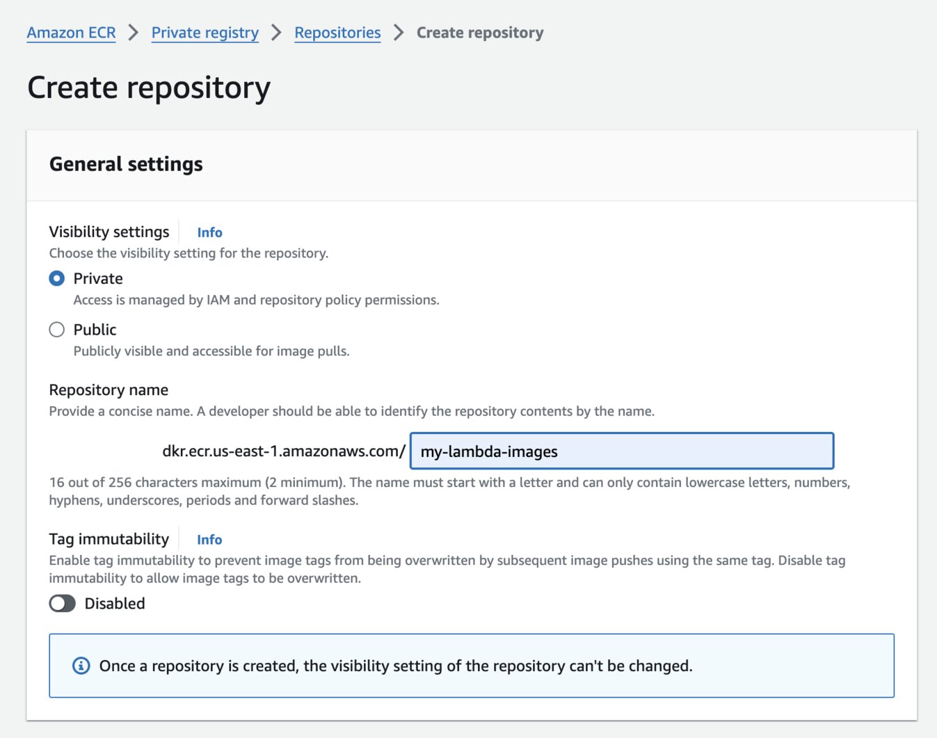 Screenshot showing what the ECR repository creation screen looks like.