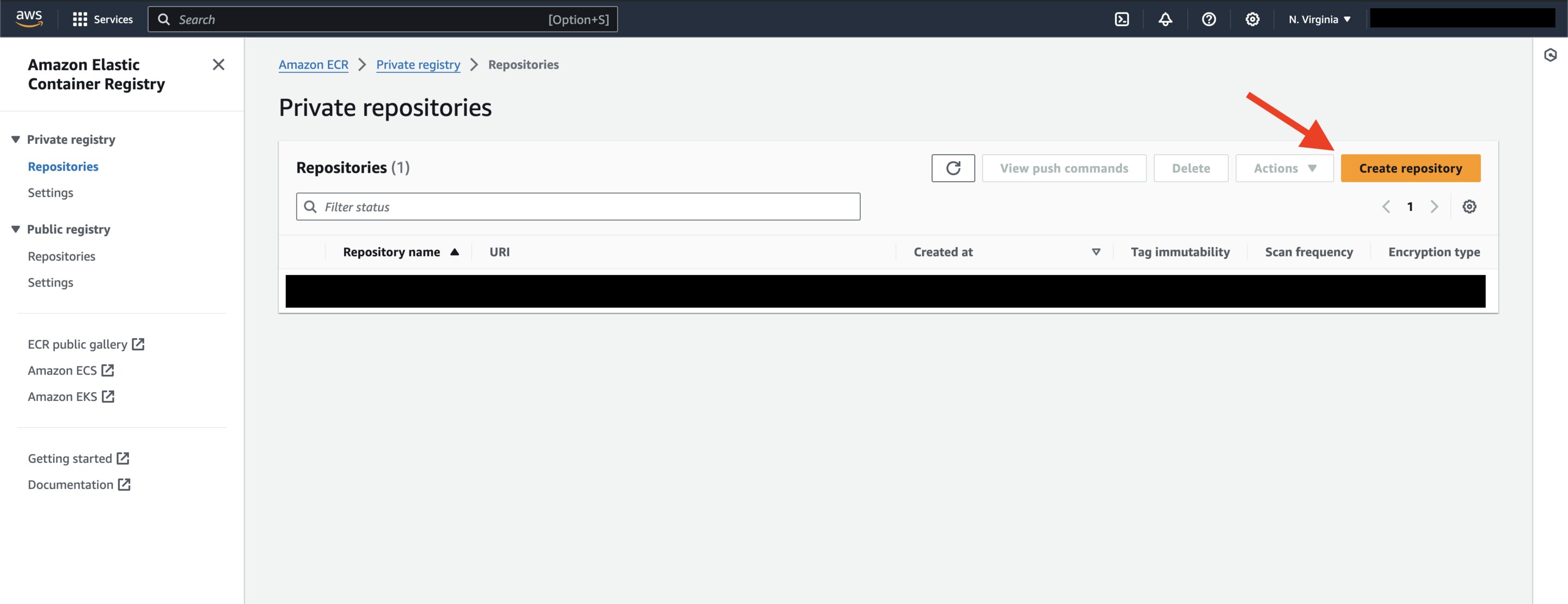 Screenshot showing the ECR Landing page in the AWS Console, with 'Create repository' button highlighted by arrow.