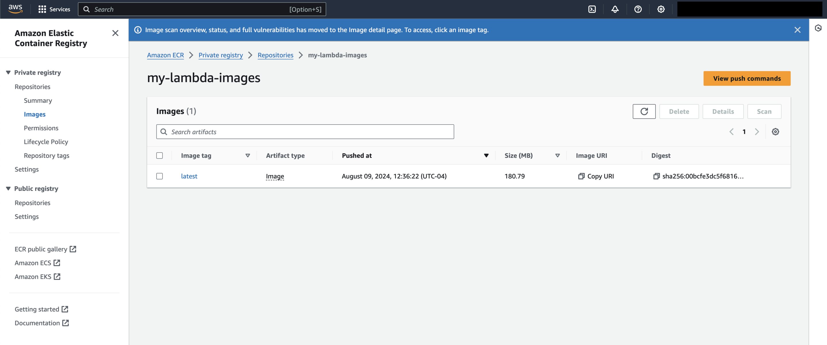 Screenshot showing the home page for the 'my-lambda-images' ECR repostiory in the AWS Console.