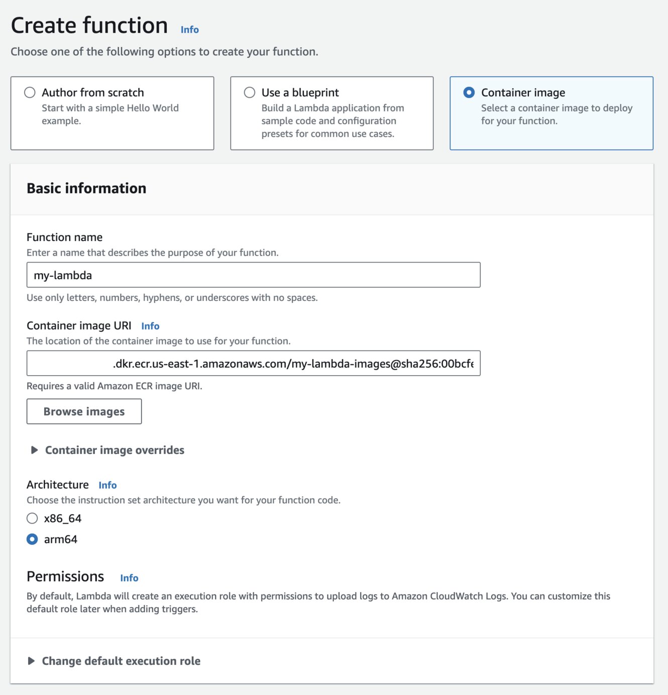 Screenshot showing the Lambda function creation page on the AWS Console.