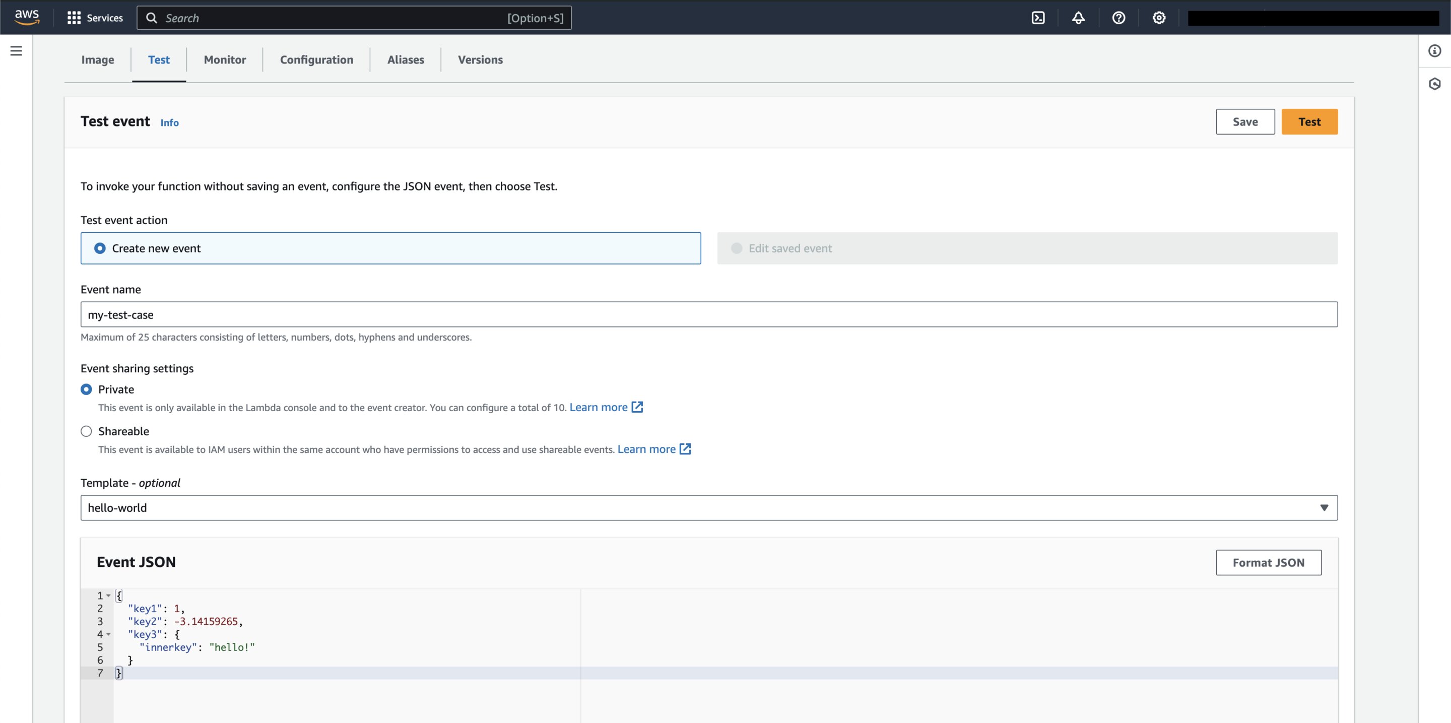 Screenshot of test creation tab for the 'my-lambda' function on the AWS Console.