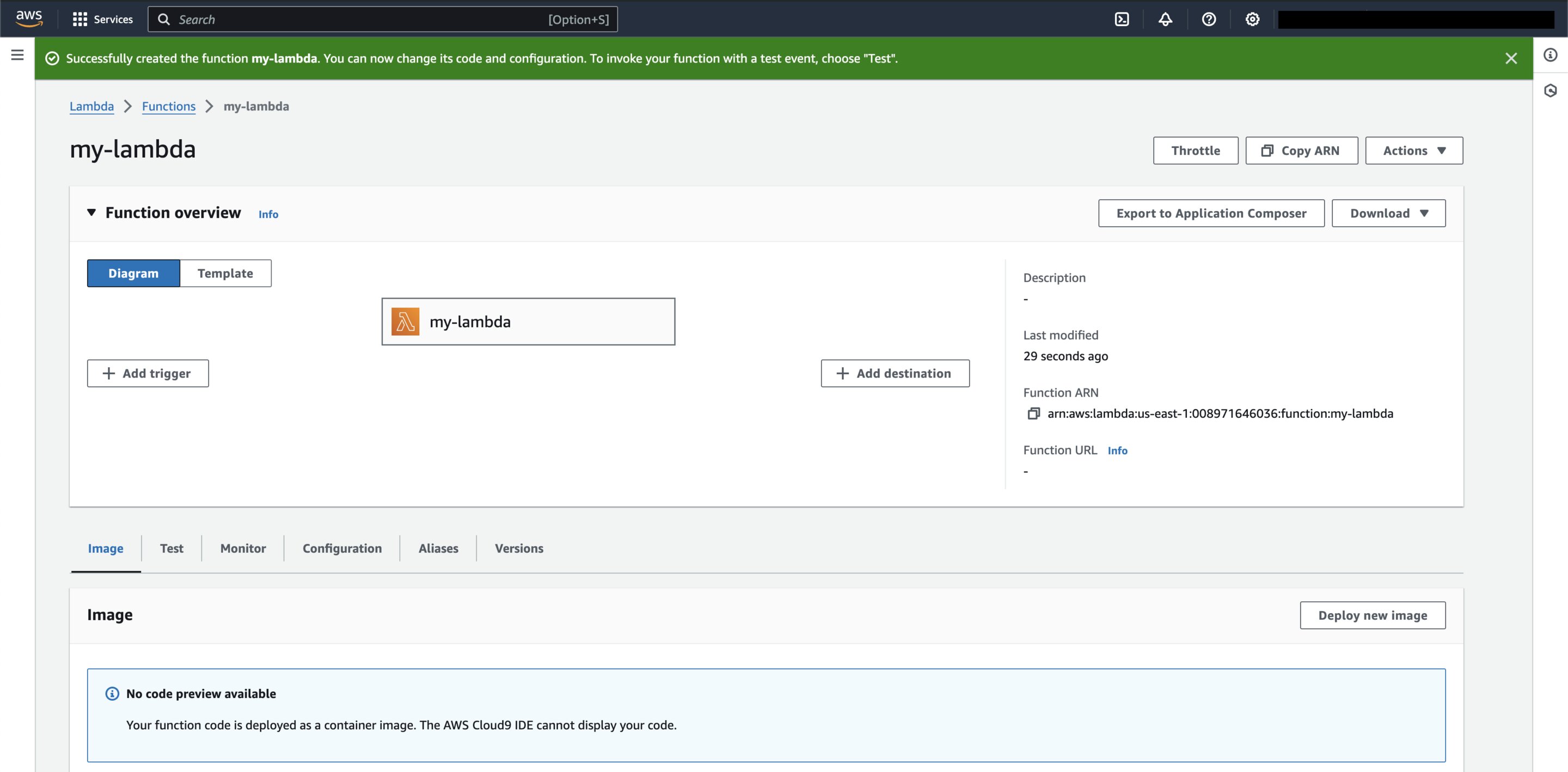 Screenshot of home page for the 'my-lambda' function on the AWS Console.